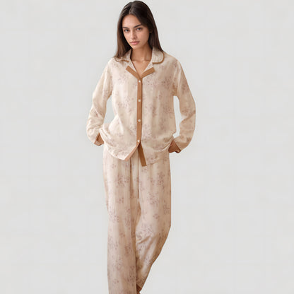 Anna-Kaci Lounge Women's Floral Print Long Sleeve Pajama Set with Contrast Piping Trim and Relaxed Button-Up Shirt