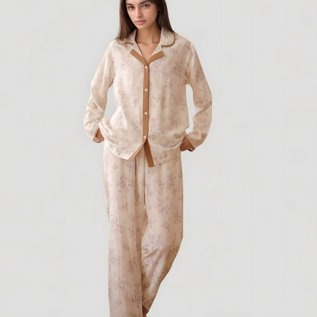 Anna-Kaci Lounge Women's Floral Print Long Sleeve Pajama Set with Contrast Piping Trim and Relaxed Button-Up Shirt