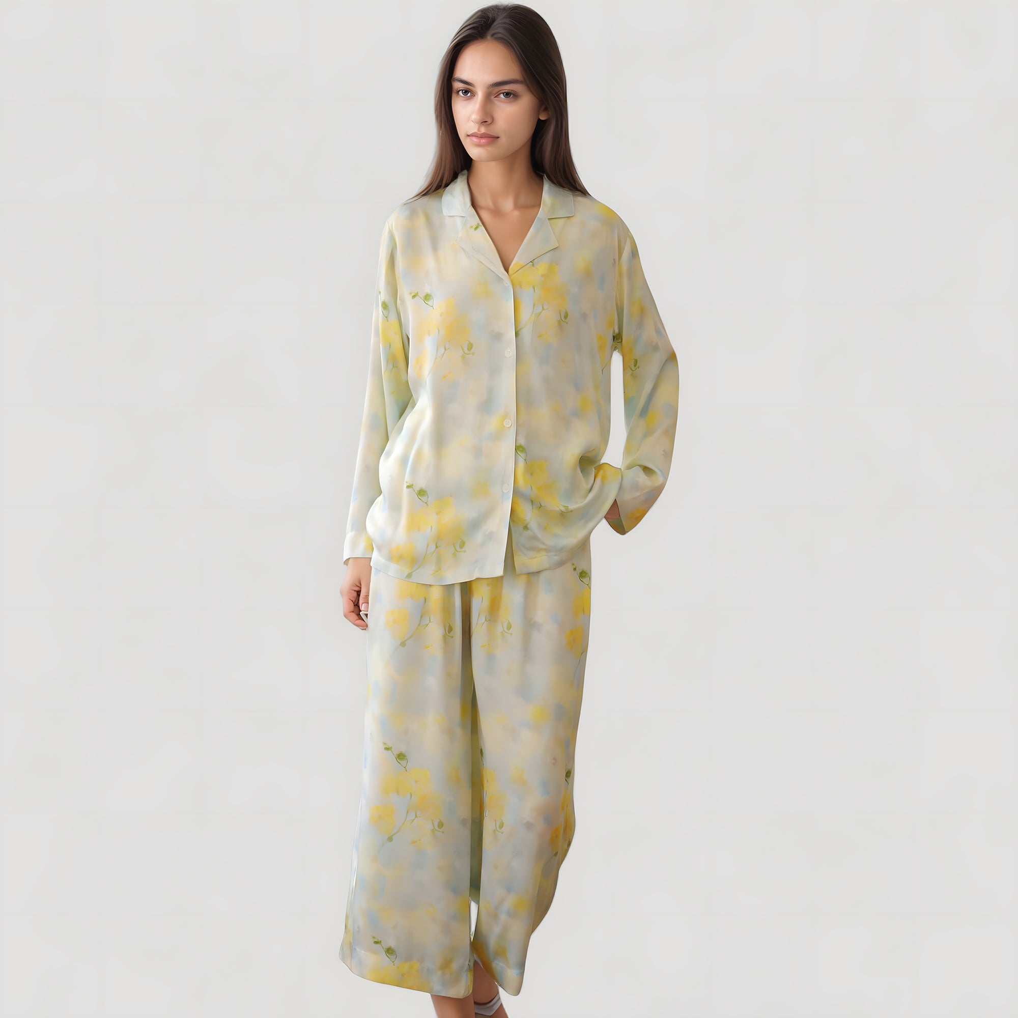 Anna-Kaci Lounge Women's Watercolor Floral Print Pajama Set with Relaxed Long Sleeve Button-Up Top and Wide Leg Pants