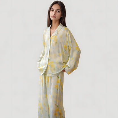 Anna-Kaci Lounge Women's Watercolor Floral Print Pajama Set with Relaxed Long Sleeve Button-Up Top and Wide Leg Pants