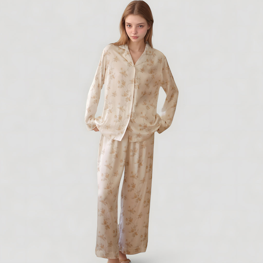 Anna-Kaci Lounge Women's Dainty Floral Print Pajama Set with Button-Up Long Sleeve Top and Relaxed Wide Leg Pants