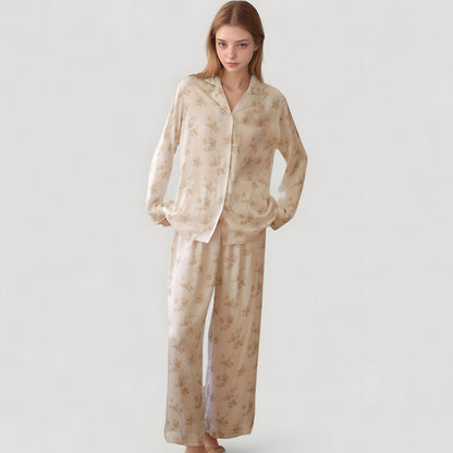 Anna-Kaci Lounge Women's Dainty Floral Print Pajama Set with Button-Up Long Sleeve Top and Relaxed Wide Leg Pants