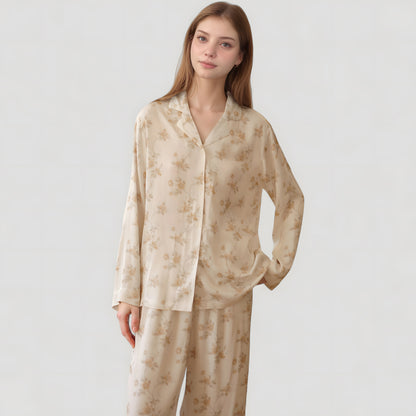 Anna-Kaci Lounge Women's Dainty Floral Print Pajama Set with Button-Up Long Sleeve Top and Relaxed Wide Leg Pants