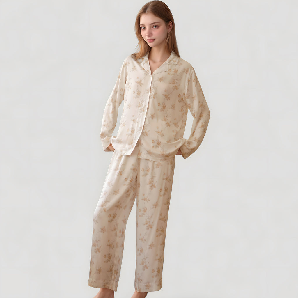 Anna-Kaci Lounge Women's Dainty Floral Print Pajama Set with Button-Up Long Sleeve Top and Relaxed Wide Leg Pants