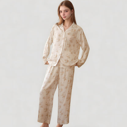 Anna-Kaci Lounge Women's Dainty Floral Print Pajama Set with Button-Up Long Sleeve Top and Relaxed Wide Leg Pants
