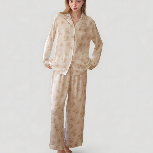 Anna-Kaci Lounge Women's Dainty Floral Print Pajama Set with Button-Up Long Sleeve Top and Relaxed Wide Leg Pants