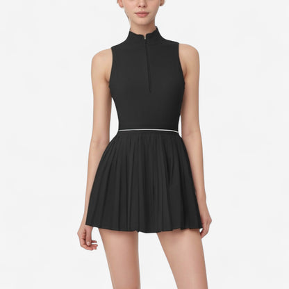 Anna-Kaci Active Women's Sleeveless Zip Front High Neck Tennis Dress with Pleated Skirt and Contrast Waist Trim