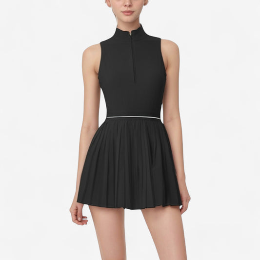 Anna-Kaci Active Women's Sleeveless Zip Front High Neck Tennis Dress with Pleated Skirt and Contrast Waist Trim