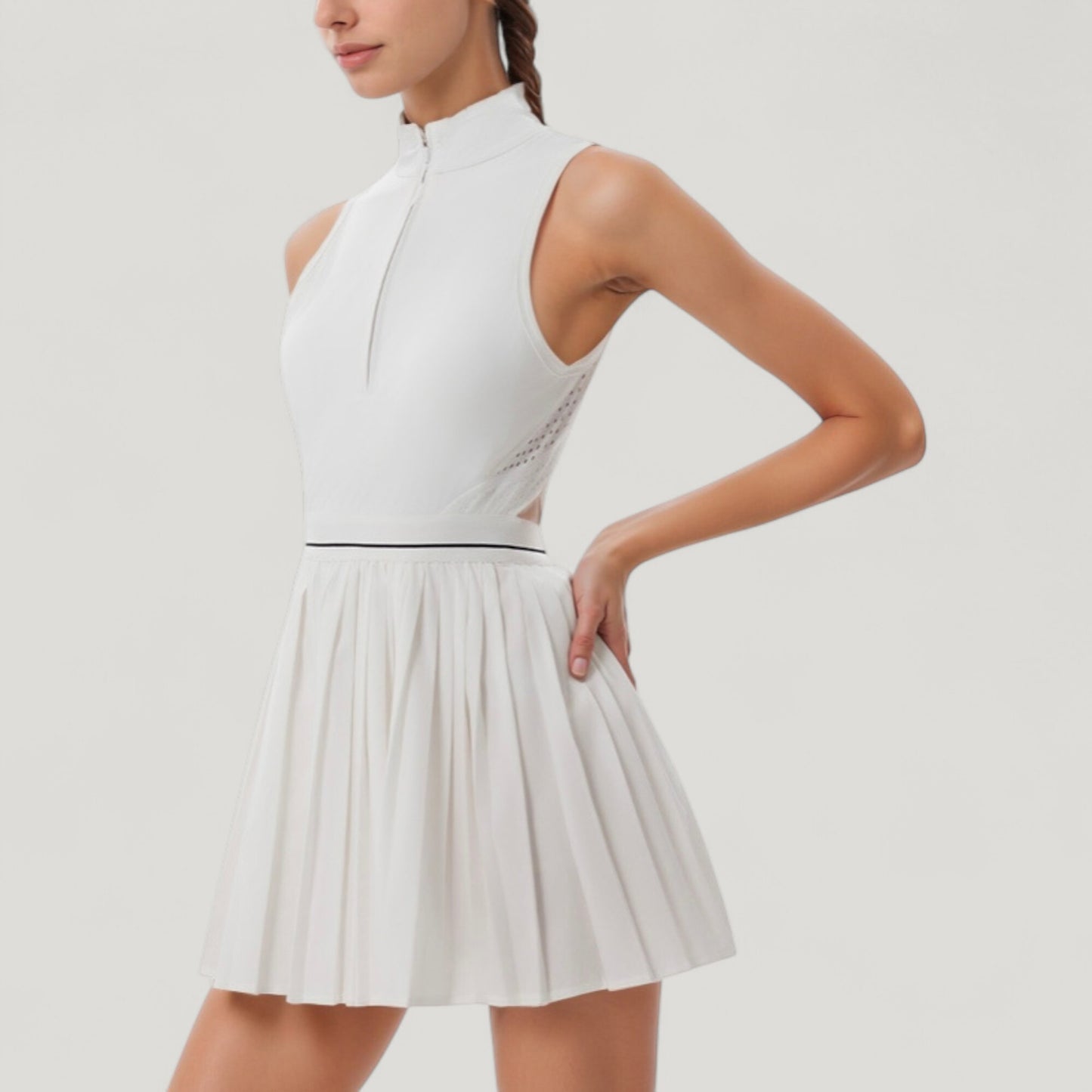 Anna-Kaci Active Women's Sleeveless Zip Front High Neck Tennis Dress with Pleated Skirt and Contrast Waist Trim