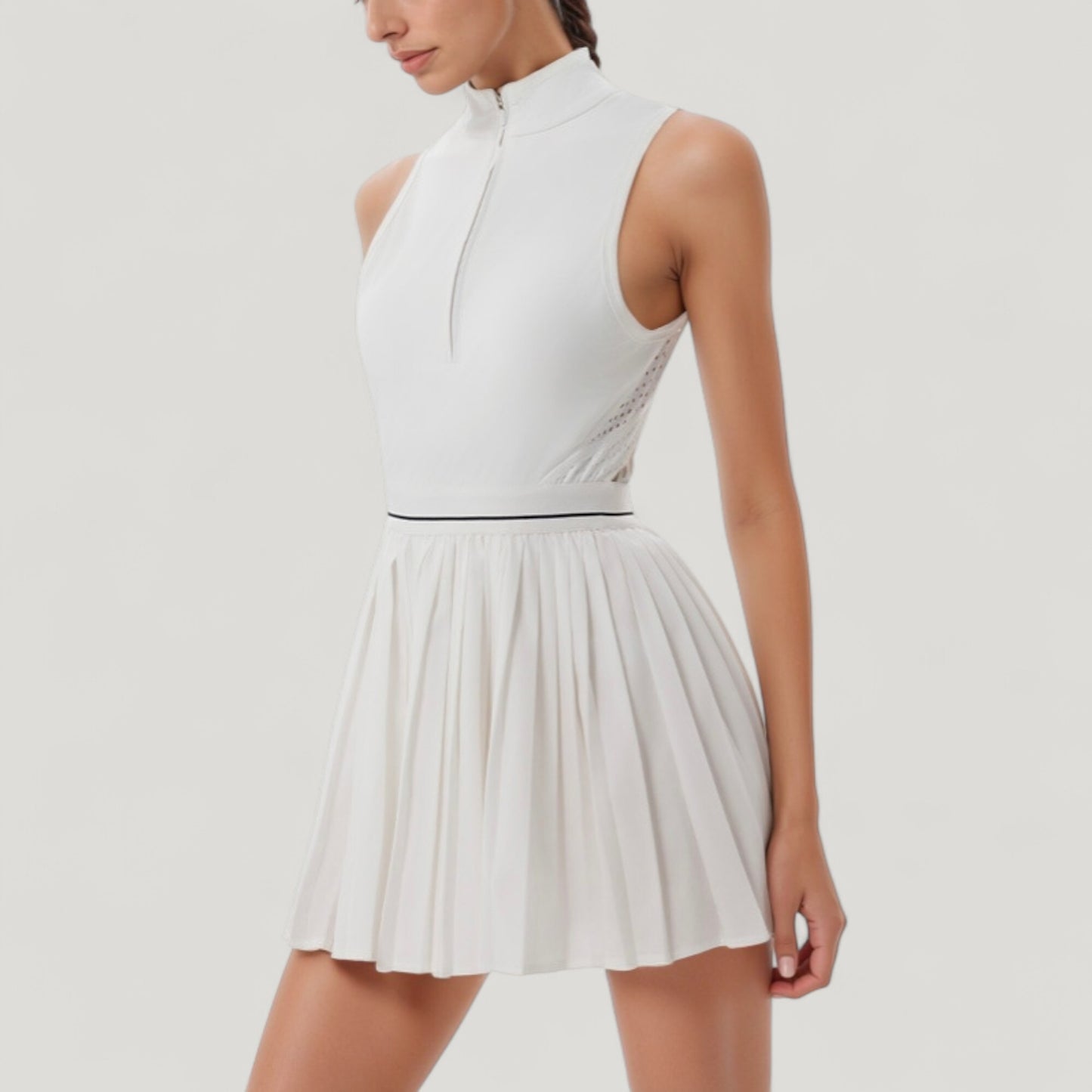 Anna-Kaci Active Women's Sleeveless Zip Front High Neck Tennis Dress with Pleated Skirt and Contrast Waist Trim