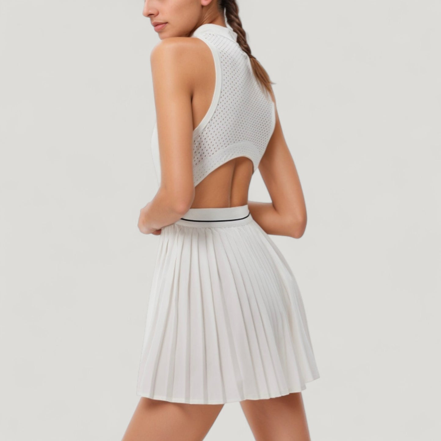 Anna-Kaci Active Women's Sleeveless Zip Front High Neck Tennis Dress with Pleated Skirt and Contrast Waist Trim