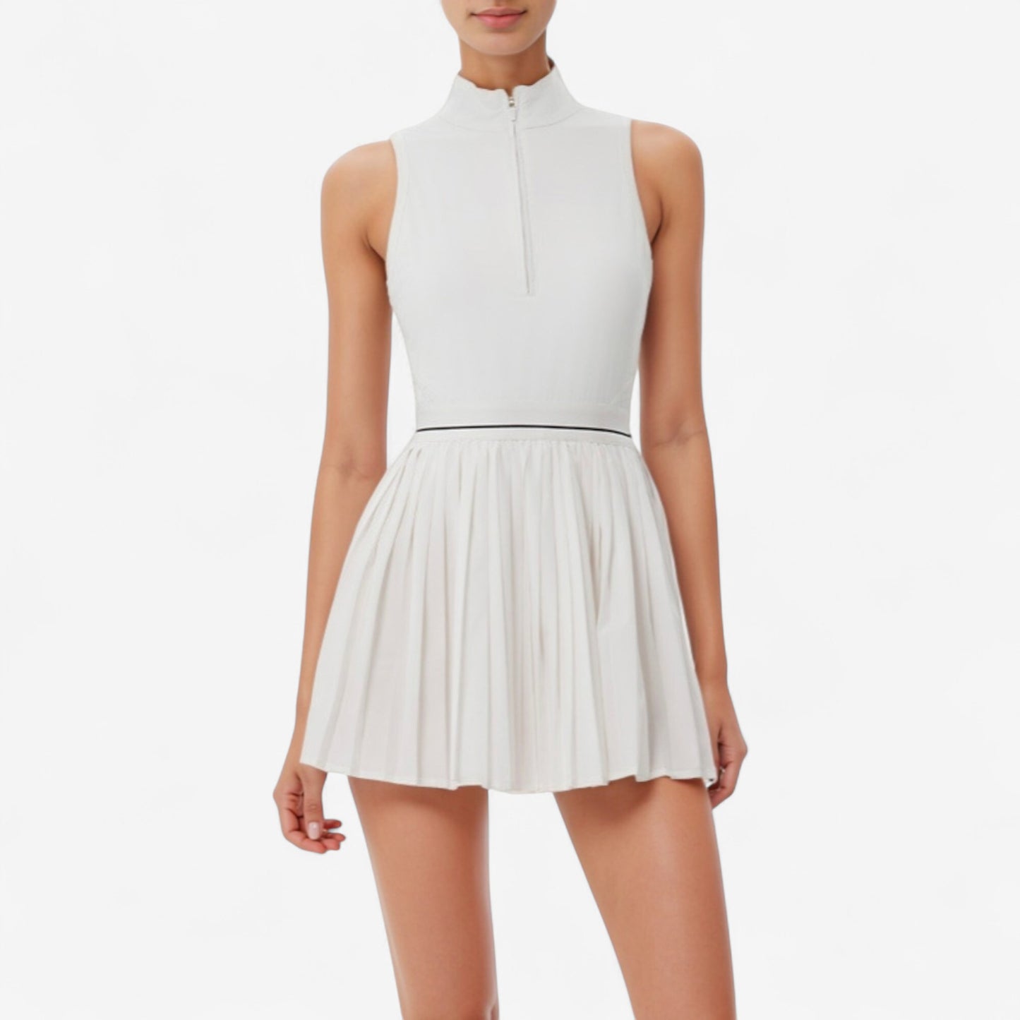 Anna-Kaci Active Women's Sleeveless Zip Front High Neck Tennis Dress with Pleated Skirt and Contrast Waist Trim