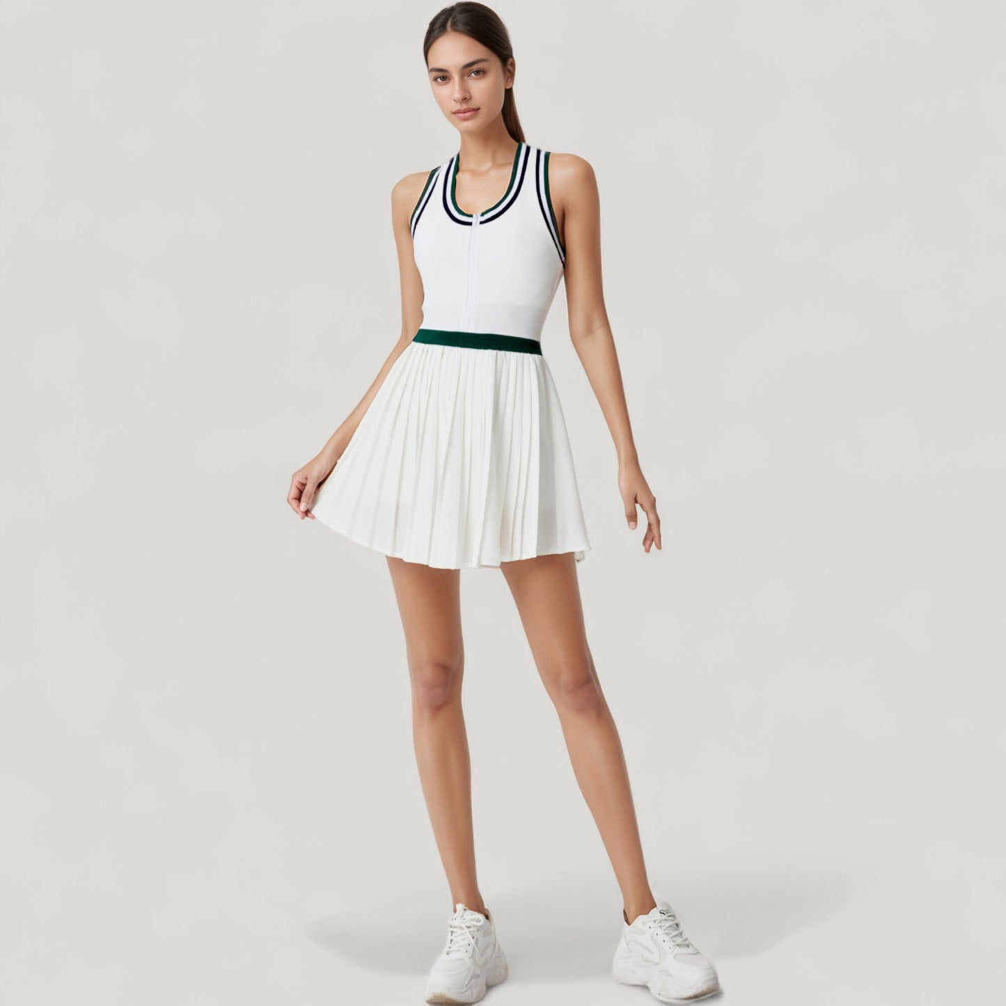 Anna-Kaci Active Women's Sleeveless Tennis Dress with Zip Front Contrast Trim Neckline and Pleated Skirt