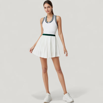 Anna-Kaci Active Women's Sleeveless Tennis Dress with Zip Front Contrast Trim Neckline and Pleated Skirt