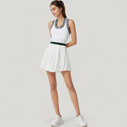 Anna-Kaci Active Women's Sleeveless Tennis Dress with Zip Front Contrast Trim Neckline and Pleated Skirt