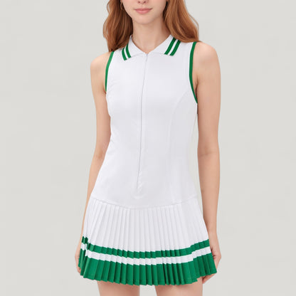 Anna-Kaci Active Women's Sleeveless Tennis Dress with Zip Front Contrast Trim Collar and Colorblock Pleated Skirt
