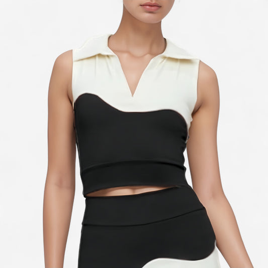 Anna-Kaci Active Women's Sleeveless Colorblock Cropped Top with Collared Neckline and Sculpted Contrast Design