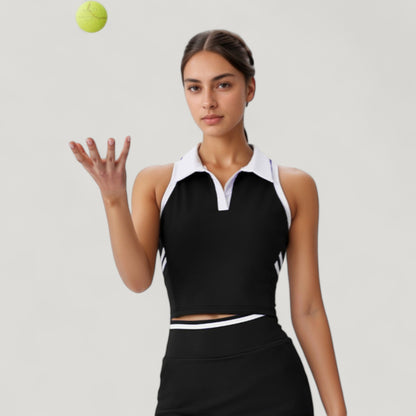 Anna-Kaci Active Women's Sleeveless Cropped Polo Top with Contrast Collar and Side Stripe Detail