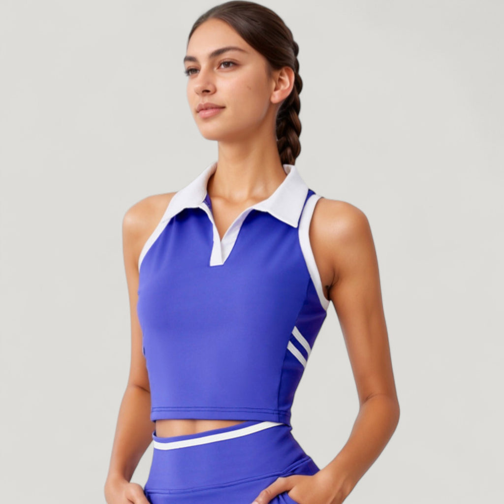 Anna-Kaci Active Women's Sleeveless Cropped Polo Top with Contrast Collar and Side Stripe Detail