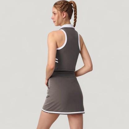 Anna-Kaci Active Women's Sleeveless Cropped Polo Top with Contrast Collar and Side Stripe Detail