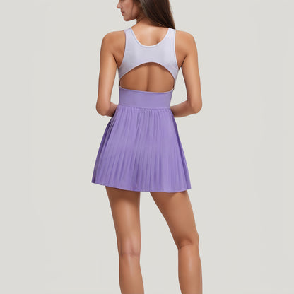 Anna-Kaci Active Women's Sleeveless Two-Tone Tennis Dress with Scoop Neck and High Waist Pleated Skirt