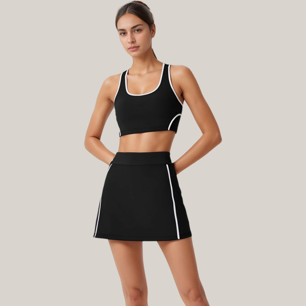 Anna-Kaci Active Women's Two-Piece Activewear Set with Contrast Trim Sports Bra Tank and High Waist Skirt