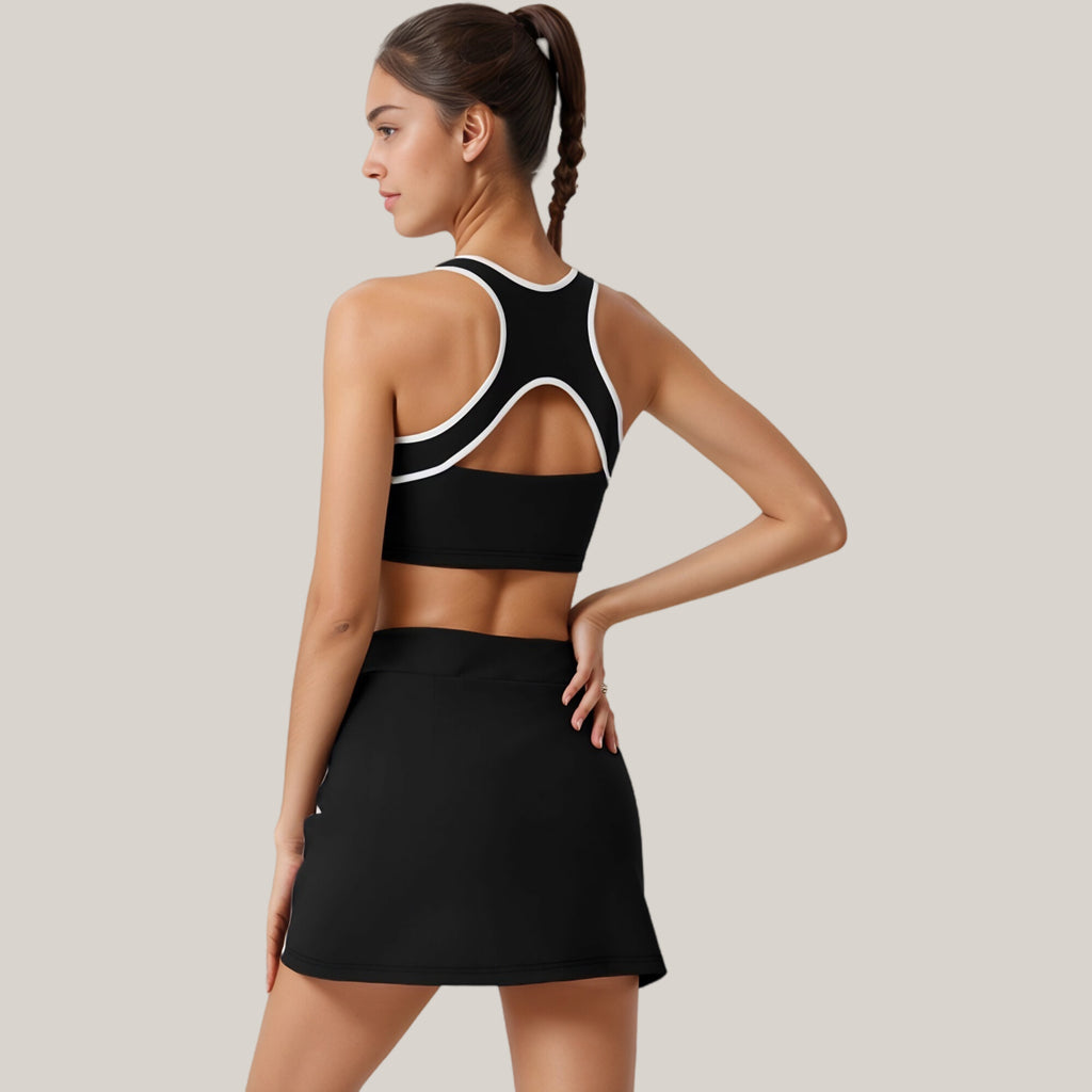 Anna-Kaci Active Women's Two-Piece Activewear Set with Contrast Trim Sports Bra Tank and High Waist Skirt