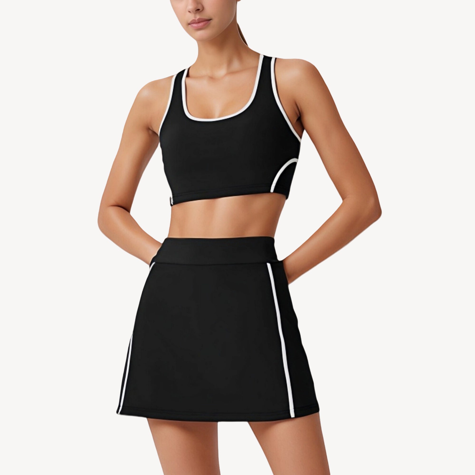 Anna-Kaci Active Women's Two-Piece Activewear Set with Contrast Trim Sports Bra Tank and High Waist Skirt