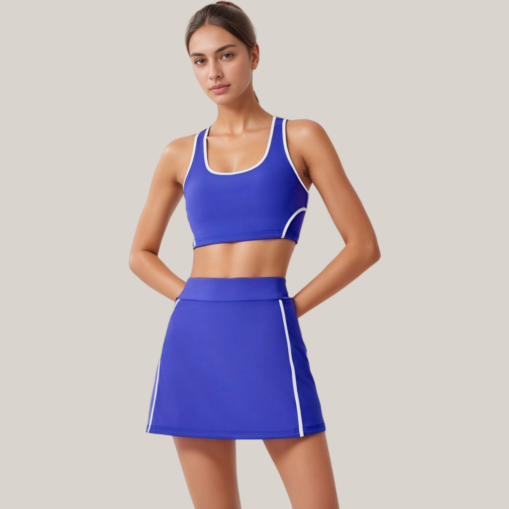 Anna-Kaci Active Women's Two-Piece Activewear Set with Contrast Trim Sports Bra Tank and High Waist Skirt