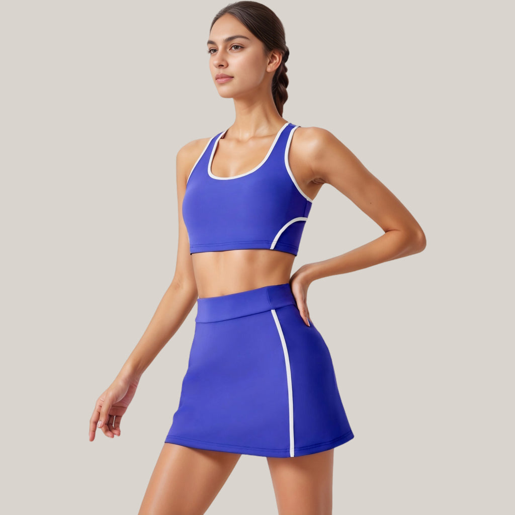 Anna-Kaci Active Women's Two-Piece Activewear Set with Contrast Trim Sports Bra Tank and High Waist Skirt