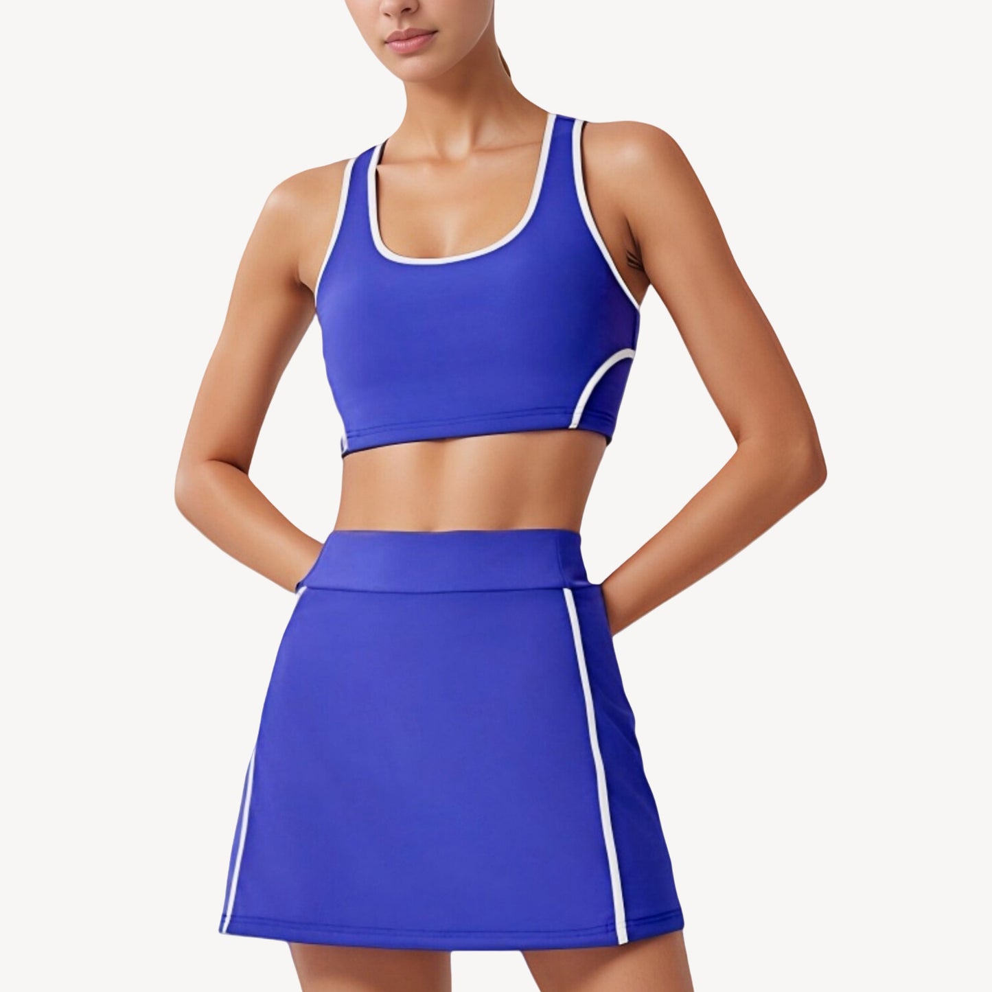 Anna-Kaci Active Women's Two-Piece Activewear Set with Contrast Trim Sports Bra Tank and High Waist Skirt