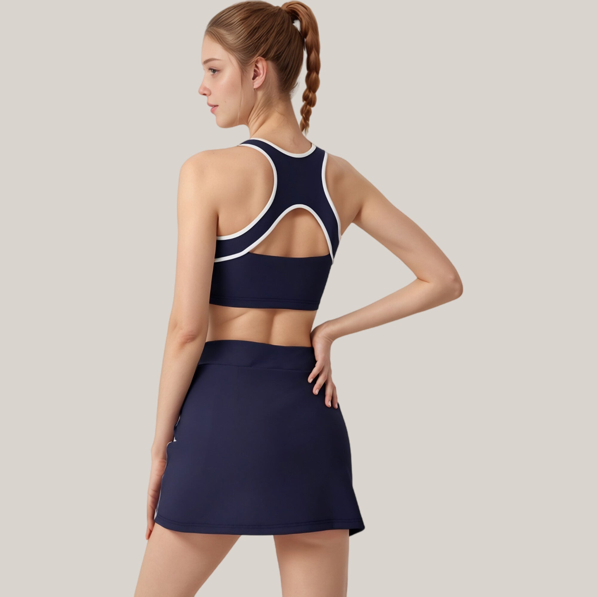 Anna-Kaci Active Women's Two-Piece Activewear Set with Contrast Trim Sports Bra Tank and High Waist Skirt