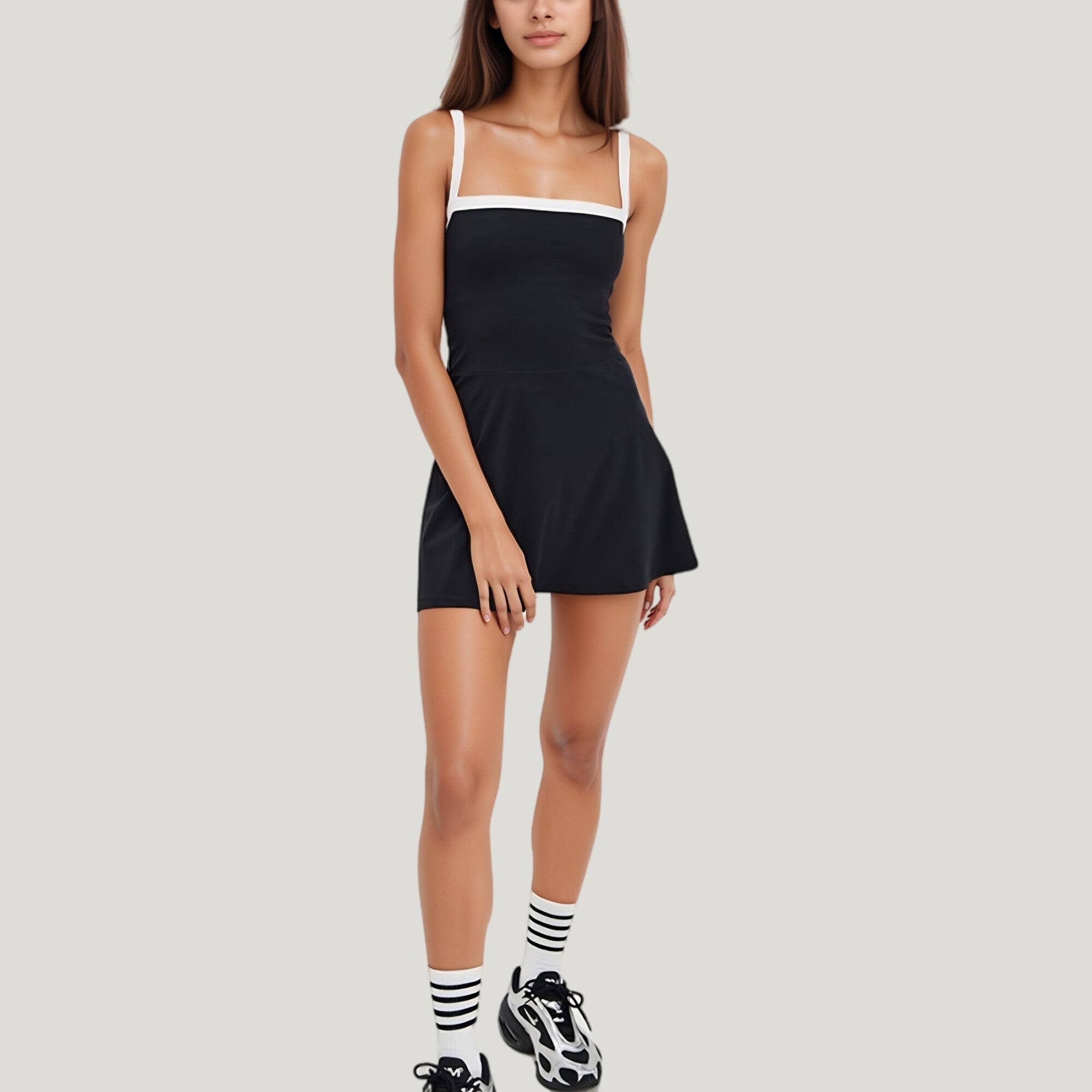 Anna-Kaci Active Women's Square Neck Active Dress with Contrast Trim Straps and Fitted Flare Silhouette