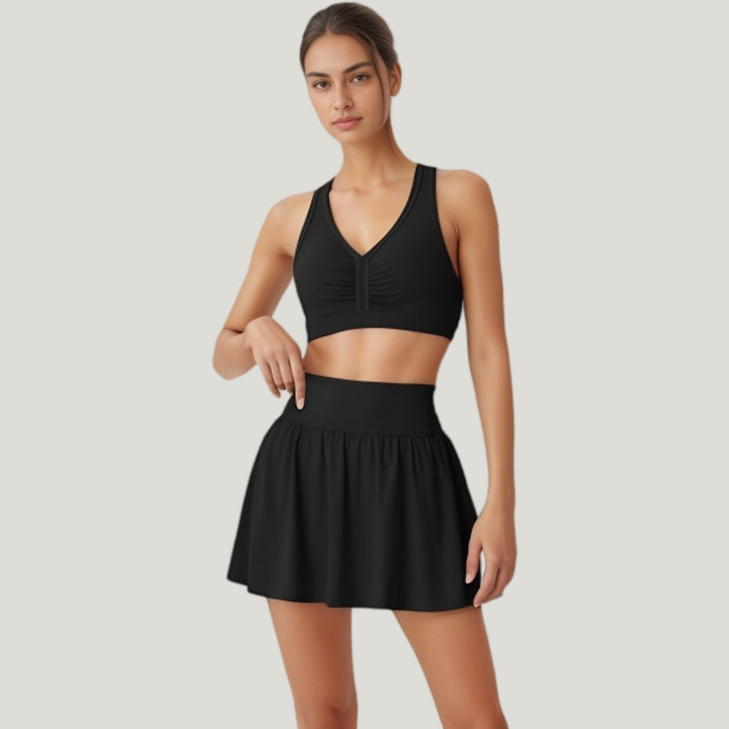 Anna-Kaci Active Women's Two-Piece Activewear Set with V-Neck Ruched Sports Bra and High Waist Flare Skirt