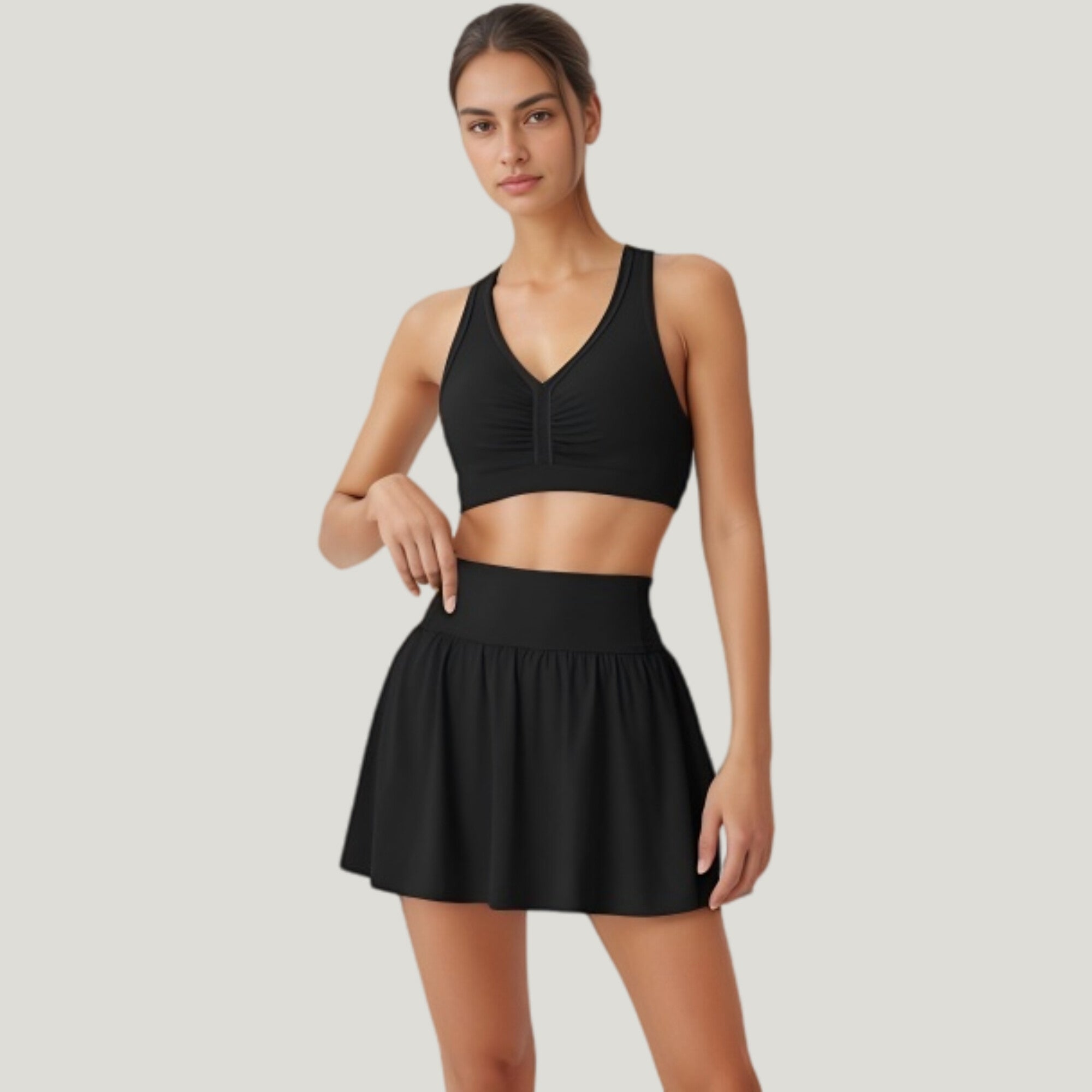Anna-Kaci Active Women's Two-Piece Activewear Set with V-Neck Ruched Sports Bra and High Waist Flare Skirt