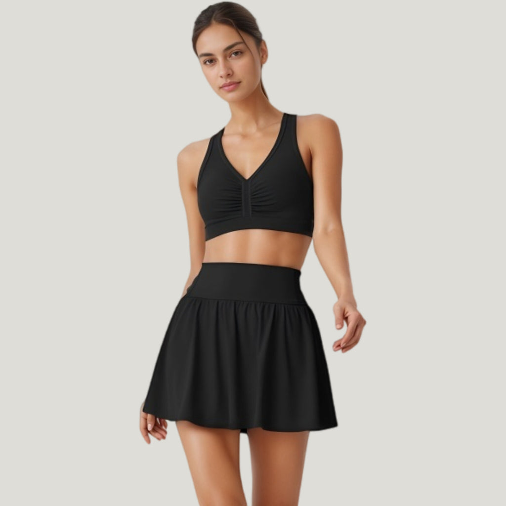 Anna-Kaci Active Women's Two-Piece Activewear Set with V-Neck Ruched Sports Bra and High Waist Flare Skirt