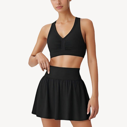 Anna-Kaci Active Women's Two-Piece Activewear Set with V-Neck Ruched Sports Bra and High Waist Flare Skirt