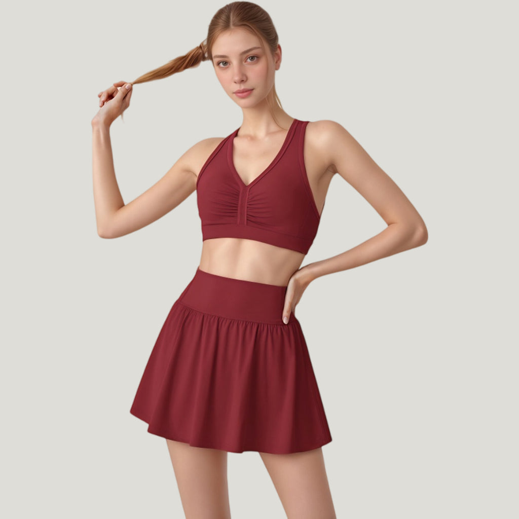 Anna-Kaci Active Women's Two-Piece Activewear Set with V-Neck Ruched Sports Bra and High Waist Flare Skirt