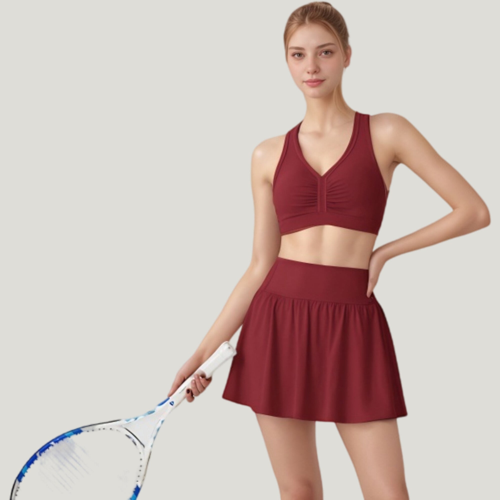 Anna-Kaci Active Women's Two-Piece Activewear Set with V-Neck Ruched Sports Bra and High Waist Flare Skirt