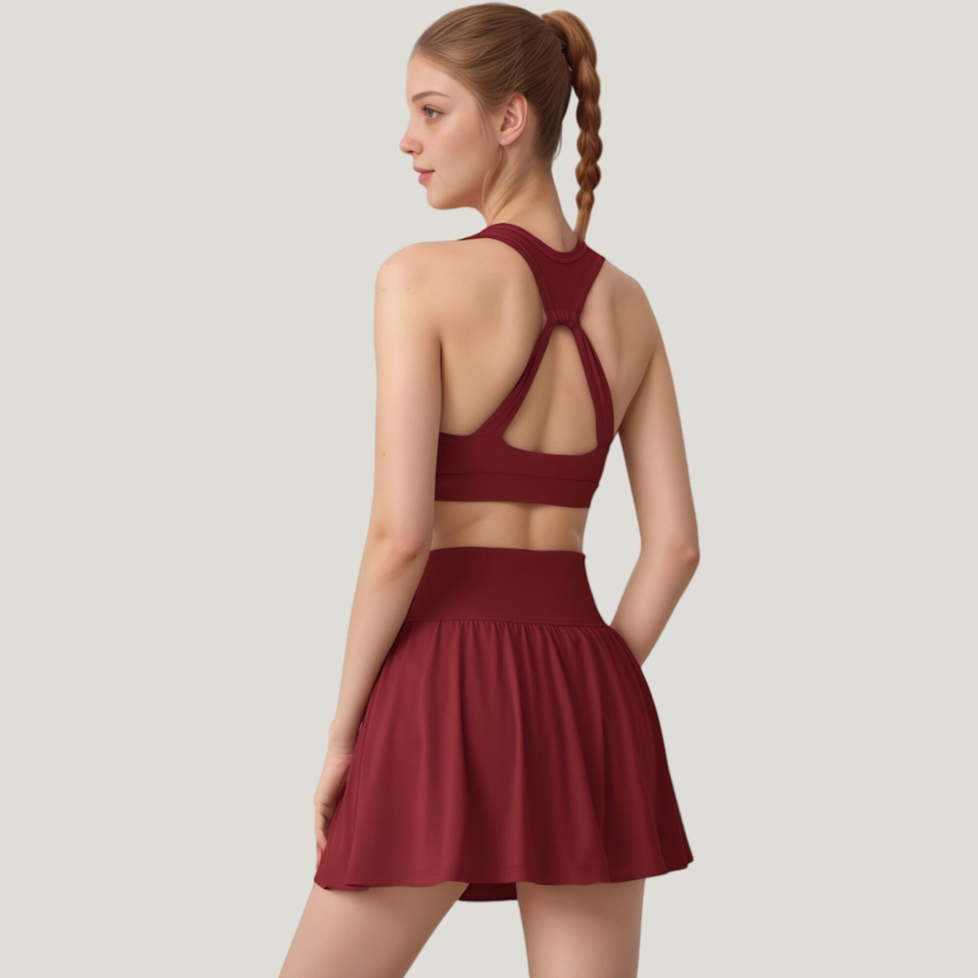 Anna-Kaci Active Women's Two-Piece Activewear Set with V-Neck Ruched Sports Bra and High Waist Flare Skirt