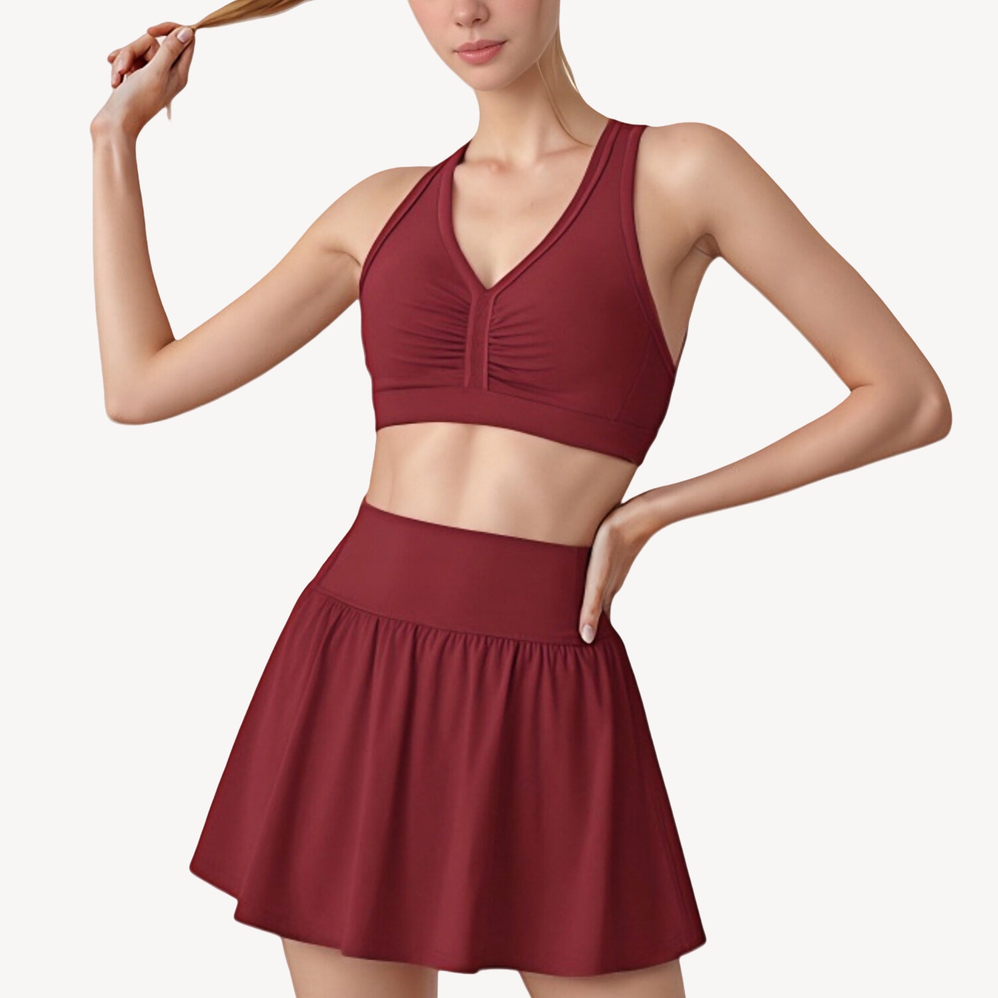 Anna-Kaci Active Women's Two-Piece Activewear Set with V-Neck Ruched Sports Bra and High Waist Flare Skirt