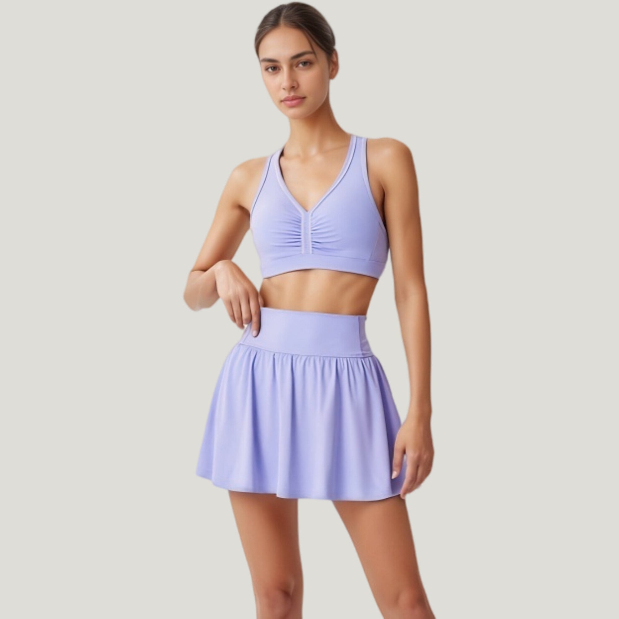 Anna-Kaci Active Women's Two-Piece Activewear Set with V-Neck Ruched Sports Bra and High Waist Flare Skirt