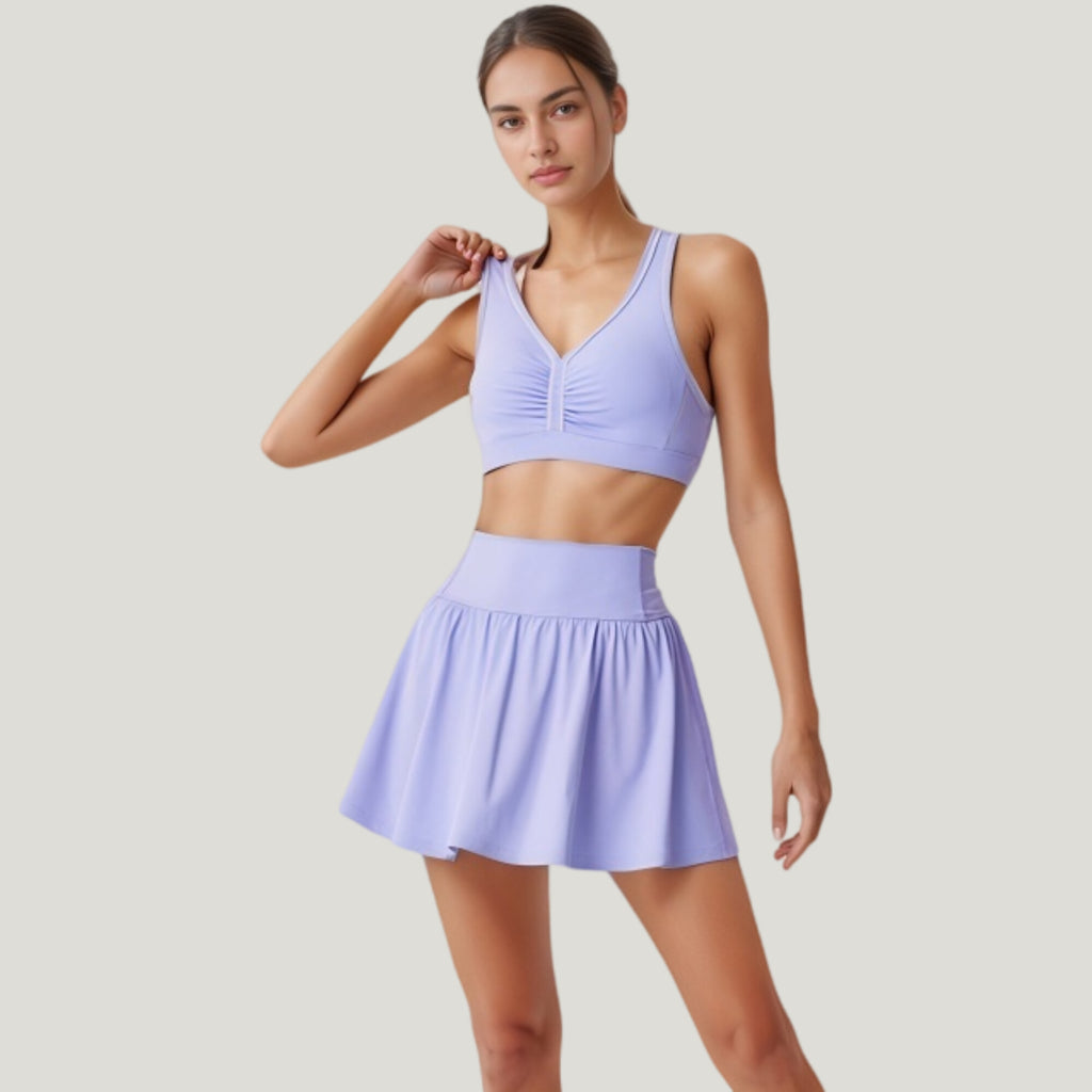 Anna-Kaci Active Women's Two-Piece Activewear Set with V-Neck Ruched Sports Bra and High Waist Flare Skirt