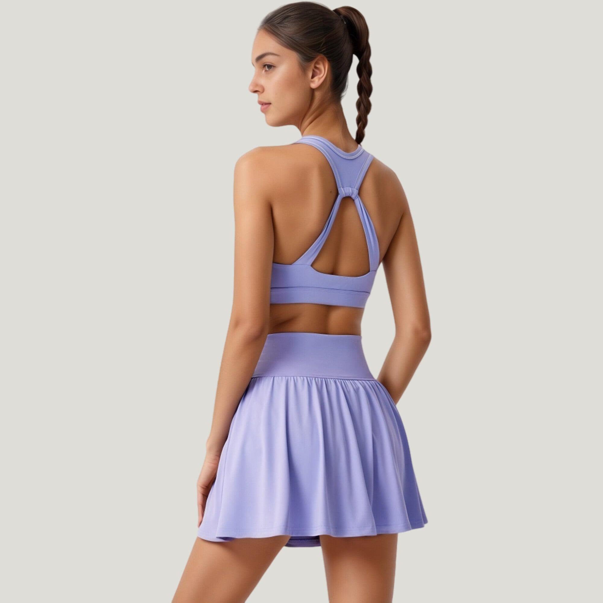 Anna-Kaci Active Women's Two-Piece Activewear Set with V-Neck Ruched Sports Bra and High Waist Flare Skirt