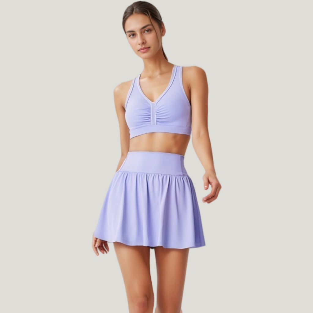 Anna-Kaci Active Women's Two-Piece Activewear Set with V-Neck Ruched Sports Bra and High Waist Flare Skirt