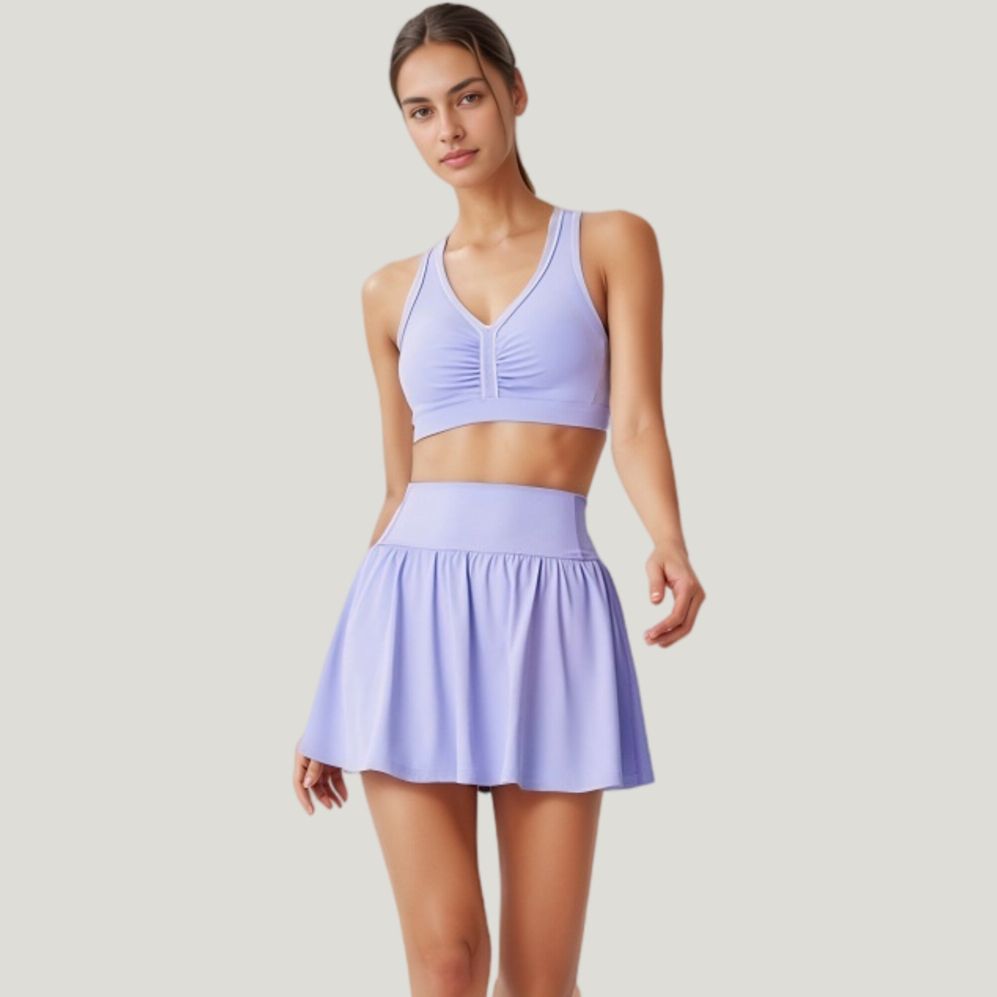 Anna-Kaci Active Women's Two-Piece Activewear Set with V-Neck Ruched Sports Bra and High Waist Flare Skirt