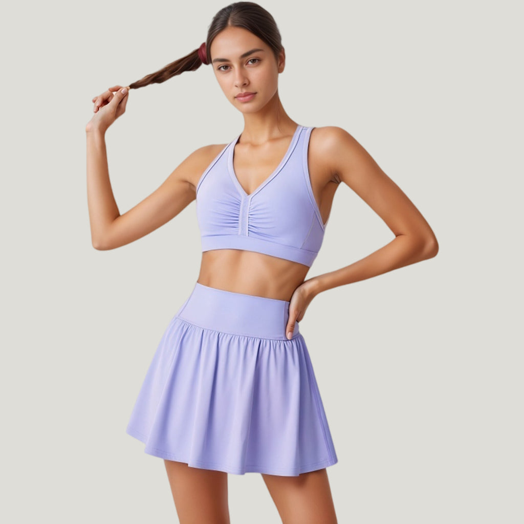 Anna-Kaci Active Women's Two-Piece Activewear Set with V-Neck Ruched Sports Bra and High Waist Flare Skirt