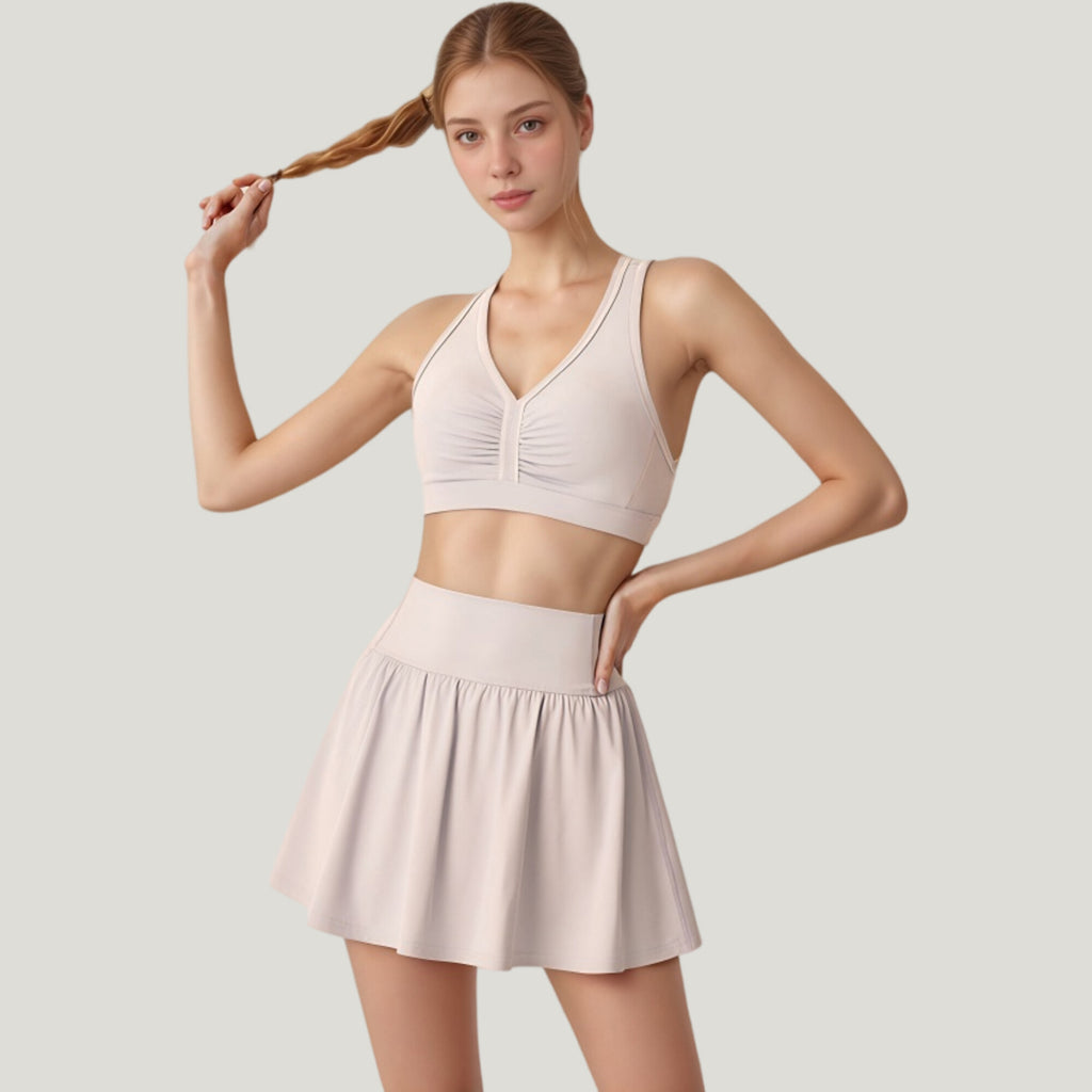 Anna-Kaci Active Women's Two-Piece Activewear Set with V-Neck Ruched Sports Bra and High Waist Flare Skirt