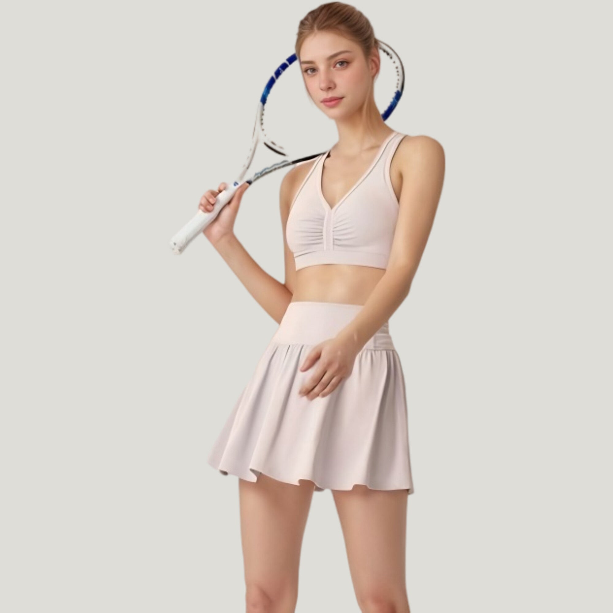 Anna-Kaci Active Women's Two-Piece Activewear Set with V-Neck Ruched Sports Bra and High Waist Flare Skirt