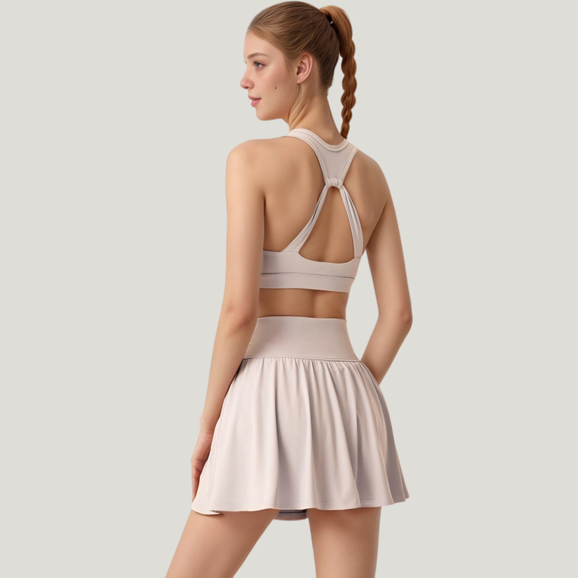 Anna-Kaci Active Women's Two-Piece Activewear Set with V-Neck Ruched Sports Bra and High Waist Flare Skirt